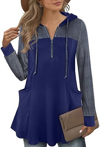 Gaharu Damen Pulli Winter Elegant Lange Hoodie Damen Oversize Strick Pulli Frauen Langarm Tunika Winter Warm Locker Lässig Sweatshirt Graublau,M