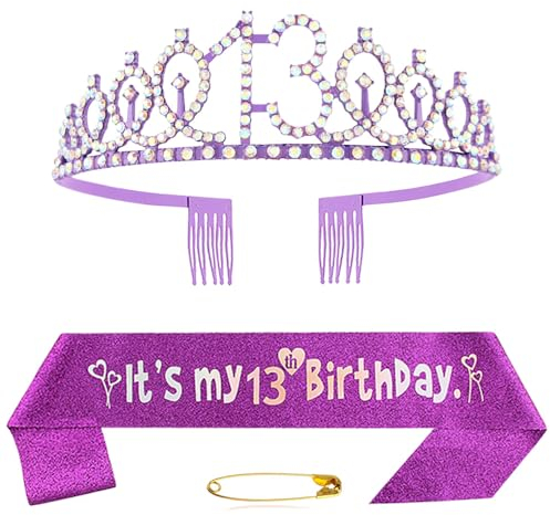 13. Geburtstag Schärpe Und Tiara Krone Lila Kristall Geburtstagkrone Set Lila Geburtstagskrone Schärpe Deko Birthday Crown für Mädchen Frauen Birthday Party Accessoires Geburtstagsdeko 13