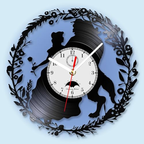 Viiluuxr LED Leuchtend Vinyl Schallplatten Uhr Die Schöne und das Biest Batteriebetrieben 30 cm Funkuhren Led-Streifen Gaming Deko Zimmer Nachtlicht ohne Tickgeräusche Ambiente Karikatur Wanduhr.