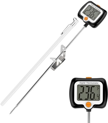 Candy Thermometer Deep Fryer Oil Thermometer with Clip - Best Long Frying Thermometer for Turkey Fryer Tall pots Fry Cooking (Black Digital Thermometer)