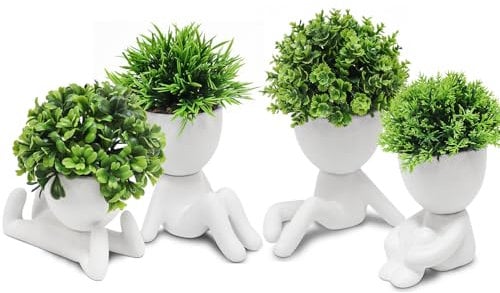 MAKHOT 4 Packs Creative Fake Plants Artificial Succulents Plants in Ceramic Human Shaped Pots, Cute Faux Succulents Mini Plant for Room Bathroom Home Office Desk Accessories Decor(White)