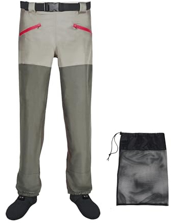 JUSTOOP Waist Wader Pants for Men and Women, 3-Ply Breathable Waterproof Fishing Waders with Pockets and Durable Stockingfoot, Size L Grey