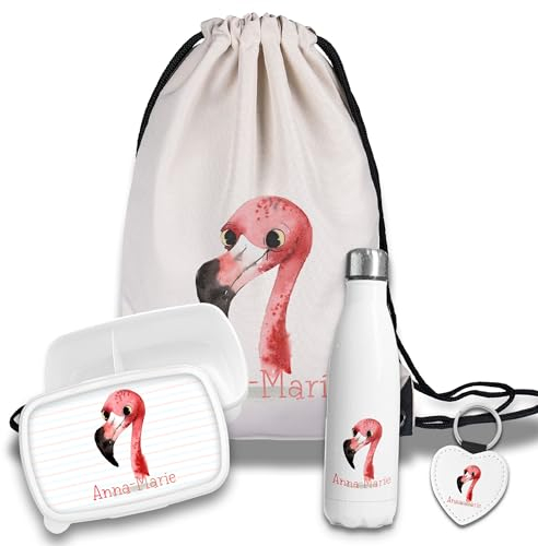 timalo Kinder Schulset Brotdose, Trinkflasche, Turnbeutel personalisiert mit Namen | Set Wasserflasche Edelstahl | Lunchbox mit Trennwand | Geschenk zur Einschulung & Kindergarten | 16- Flamingo