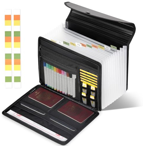TUNROP Document Organiser, 12 Pockets File Organiser Box with Zipper and Labels, Office Home Portable Expanding File Folder, Filing Folder, Paperwork Organiser, for A4 Files, Bill, Receipts and More.
