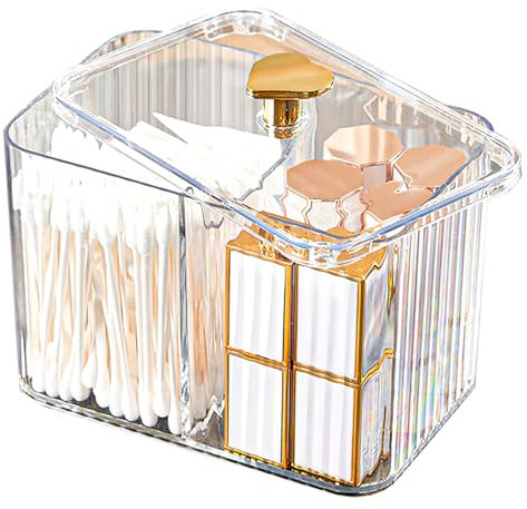 Veki Clear Cotton Pad Container Holder with Lid, Cotton Bud Holder with 3 Compartments for Dressing Table, Bathroom, Bedroom, Makeup Organiser Storage for Cotton Swab, Floss, Cosmetic (Transparent)