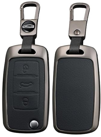 TECART Folding Smart Autoschlüssel Hülle Cover Passt für VW Caddy Jetta Beetle EOS Golf 4 5 6 Polo Passat 3BG Scirocco Touran Leder Zinklegierung Schutzhülle Schlüsselcover Zubehör 3 Taste A Schwarz