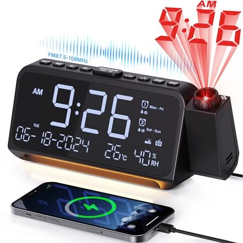Mesqool Alarm Clock Radio with Projector, Digital FM Radio Clock with Alarm and Type C Charging Port, LED Projection Alarm Clock with Temperature Date Display and Night Light for Bedside