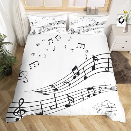 3D Musiknoten Bettwäsche 220x240 Musik Noten Weiche Microfaser Bettwäsche-Sets Bettbezug mit Reißverschluss und 2 Kissenbezug 80x80 cm