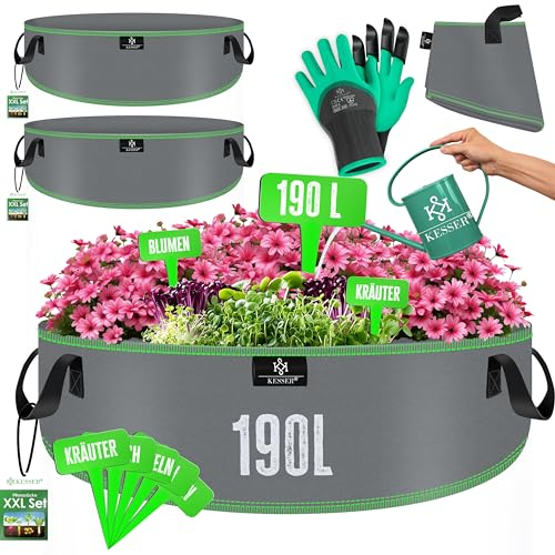 KESSER® Pflanzsack 190 Liter - 2er Set | Pflanzsäcke aus Vlies-Stoff inkl. Schildchen & Gartenhandschuhe | Kartoffel-Pflanztasche mit Fenster & Griffen | Pflanzbeutel für Gemüse Blumen Früchte Grau
