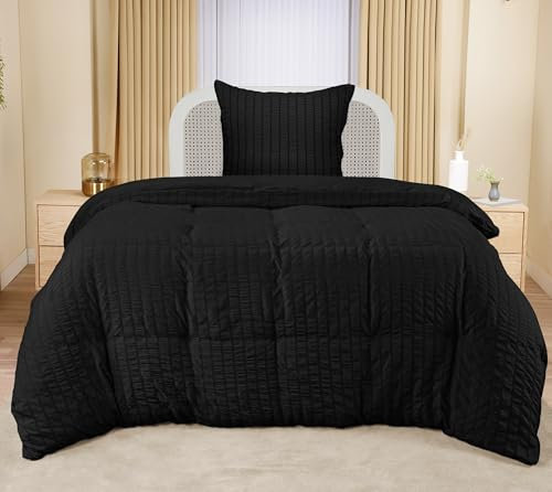 Utopia Bedding Seersucker Bettwäsche 135x200 Set - Mikrofaser Polyester Bettbezug 135x200 cm + 1 Kissenbezug 80x80 cm - Schwarz