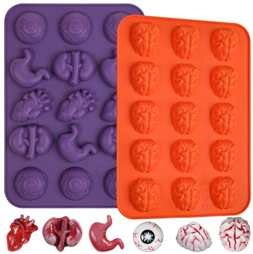 Kamehame Molde de silicona para Halloween, forma de cerebro, 2 piezas, molde de órgano, molde para chocolate, dulces, gelatina