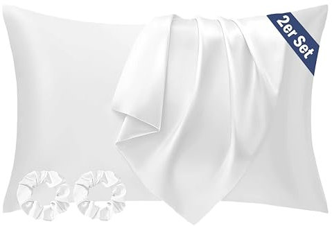 Seiwohl Satin Kissenbezug 50x70 2er Set, Weich wie Seidenkissenbezug Silk Pillowcase, Vegane Seide Kopfkissenbezug Kissenhülle Seidenkopfkissen für Haar und Haut mit 2 Haargummis, Weiß