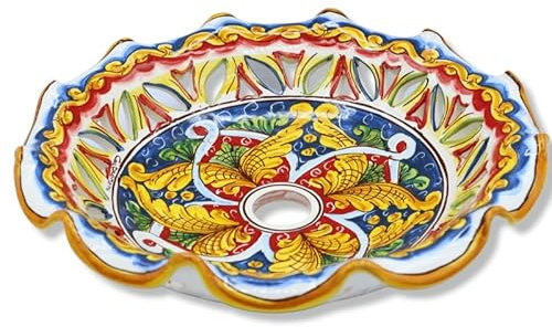 Piatto Lampadario in Ceramica Caltagirone, Smerlato e Traforato, con Varie Misure (1Unità) Decoro Barocco e nastrino - Ø 25 cm
