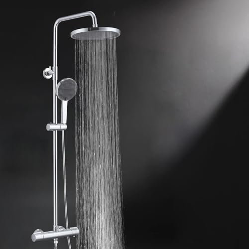 HOMELODY Duschsystem mit Thermostat Chrom - Duscharmatur Komplettset mit 3 Strahlarten Handbrause und 25 cm Rund Kopfbrause - Regendusche mit Armatur Duschset für Badzimmer