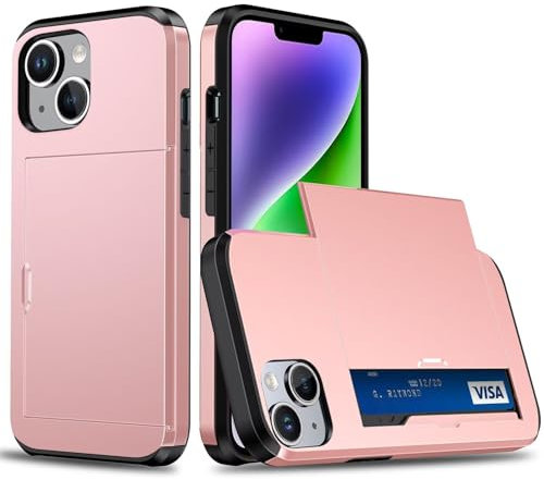 Beajew Handyhülle für iPhone 13/iPhone 14 Case Silikon, mit Kartenfach Silikon TPU Handyhülle Dünn Weiche Stoßfest Flexibel Handy Tasche Bumper Brieftasche Case, Roségold