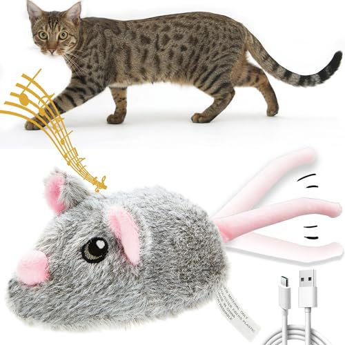 Vealind Cat Toys Rechargeable Mouse with Wagging Tail, Lifelike Squeak Chirping Electronic Mice for Indoor Cats, USB Touch Activated Kitten Toys (Grey)