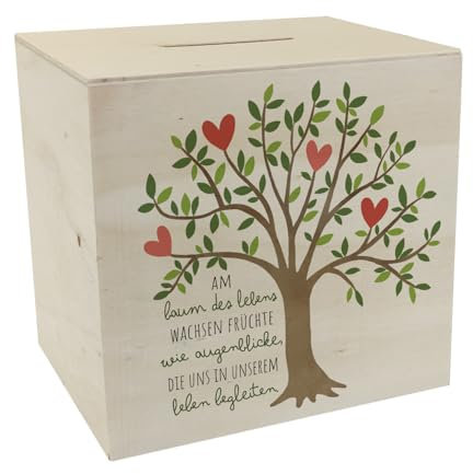 Lebensbaum Spardose aus Holz mit Spruch Lebensbaum trägt Augenblicke als Früchte Symbol der Liebe Hochzeit Freundschaft Kommunion Konfirmation Familie