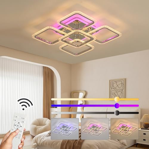 ZAITINZ Led Deckenleuchte,Wohnzimmerlampe 80W,Deckenleuchte Dimmbar mit fernbedienung 3000-6000K,5 Quadratische Deckenlampe Led,Moderne Deckenleuchten für Wohnzimmer,Schlafzimmer,Küche,Flur,Chrom