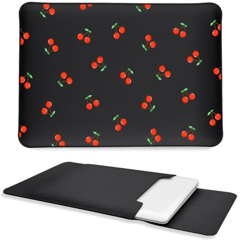 Cute Kawaii Cherry Laptop Sleeves 14 Inch, Black Faux Leather Cover Case for Women Girls, Compatible with MacBook Pro 14 2021-2024/Air 13 2010-2017/Pro 13 2012-2016