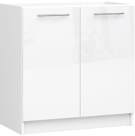 AKORD | Küchenschrank unter der Spüle - Oliwia S80 | Küchenunterschrank mit 2 Türen und 1 Einlegeböden | Unterschrank Küche 80 cm Breit | 46 x 80 x 82 cm | Weiß & Weiß glänzend
