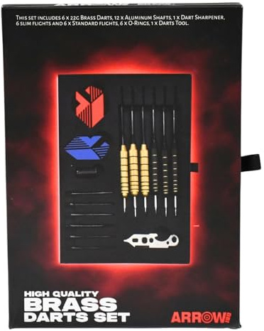 Arrow180 Brass Darts Set, 6 x 22g Brass Darts, 12 Aluminum Shafts, 12 Flights, Sharpener, O-Rings, Gift Box, Black