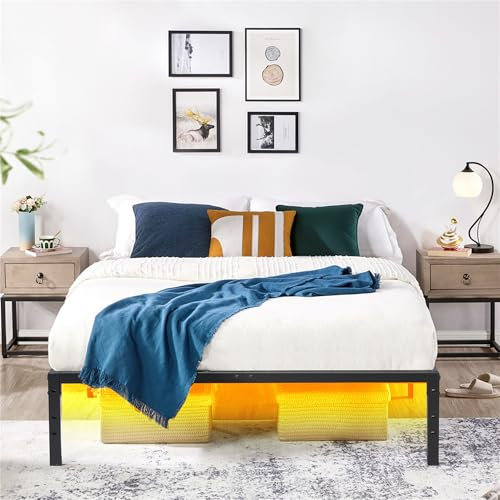 FurnitureR Bettrahmen 140 x 194 cm Metall Bettrahmen mit LED-Licht, Modernes Jugendbett mit Lattenrost, Doppelbett, Einzelbett, Schwarz, 36CM H, Kein Kopfboot