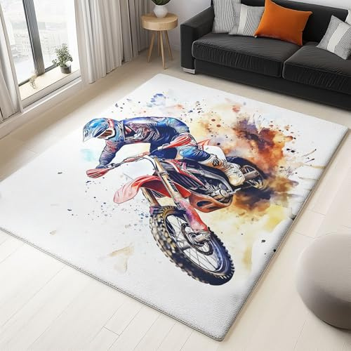Generisch Aquarellmalerei Motocross-Fahrer Teppich Wohnzimmer 60 x 90 cm Modern 3D Druck Teppich Weiche Flanell Kinderzimmer Teppiche Küche Korridor Esszimmer Bodenmatte