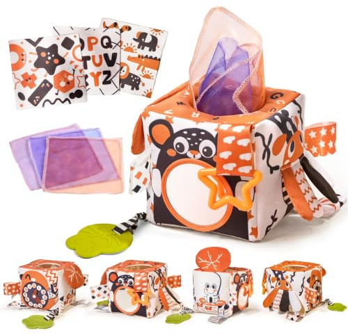 TUMAMA KIDS Montessori Spielzeug Tücherbox Baby 0 3 6 Monate, Seidentücher Baby Sensorik Spielzeug mit Tüchern, Spiegel, Beißring, Kinder Frühes Lernspielzeug Babygeschenk