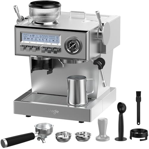iceagle Cafetera Espresso con bomba italiana de 20 bar, Molinillo, Manual Portafiltro, Máquina de Café con Espumador de Leche y Kit Barista, 3 Temperaturas, 25 Niveles de Molienda, 1,6 Litros, Acero I