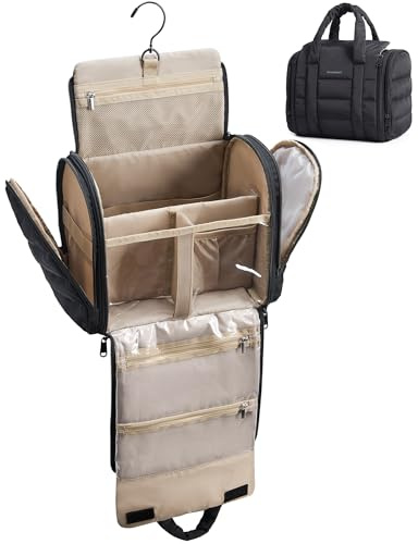 BAGSMART Trousse de toilette de voyage avec séparation amovible, tissu résistant à l'eau, organiseur à suspendre pour articles de toilette de grande taille, accessoires, noir
