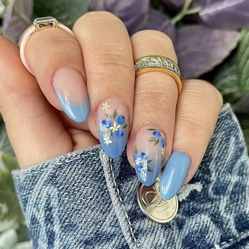 Lot de 24 faux ongles courts en forme d'amande bleue - Faux ongles français - Pour femme - Facile à appliquer