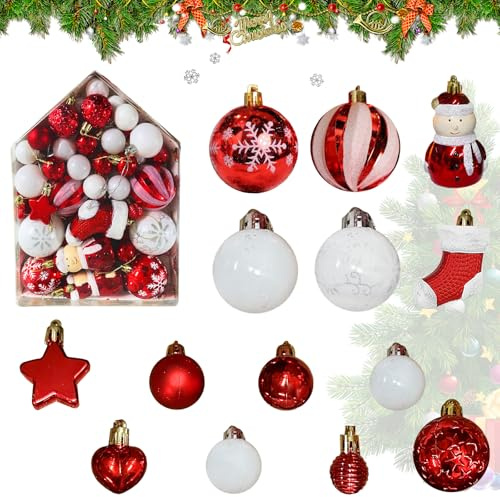 Palle di Natale in Plastica,72 Pezzi Palline di Natale,Decorazioni Albero di Natale,Palline Albero Natale Bianco e Rosso,Baubles Decorati Addobbi Albero di Natale,per Decorazione Natalizia Casa