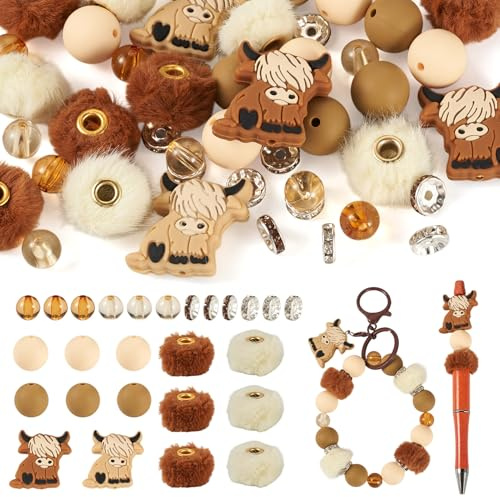 Craftora 44 Stück Silikonperlen in Tierform, Yak-Fokal-Abstandshalter, Kunstfell, Pompons, Perlen, runde Gummiperlen für Schmuckherstellung, Perlenstift, Bastelarbeiten