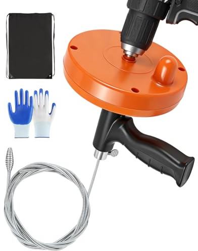 Maraiss Drain Auger, 25FT Drain Snake with Drill Adapter, Flexible Plumbing Snake Clog Removal Tool with Gloves & Cloth Bag, Use Manually or Powered for Kitchen Bathroom Shower Sink