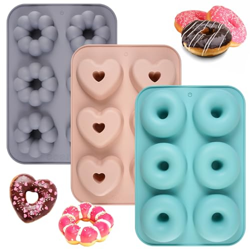 3 Stück Donuts Backform,26 x 18 cm Donut Form,Silikon,6-Loch Donutform | Rund, Blumenförmig und Herzförmig,Rosa,Grün und Grau,Donut Silikonform,Bagel Backform für Donuts,Bagels,Muffins und Cupcakes