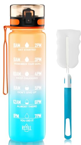 QIVORO 1-liter water bottle, made of BPA-free Tritan material, capacity 1 liter, with time markings, suitable for gym, outdoor activities, and campus use (Orange/Blue).