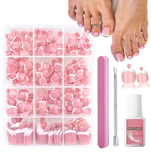 French False Toenail - 240PCS Square Pink Toe Nail Press on Nail Kit - 12 Sizes Full Cover Glue On Fake Toe Nails - Stick on Toenails for Women French Nail Art Manicure