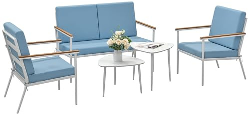 Outsunny Salon de Jardin extérieur 4 Personnes, Salon de Balcon 5 pièces avec canapé, 2 fauteuils et 2 Tables Basses en Verre trempé, Coussins Inclus, mobilier de Jardin Patio terrasse, Bleu Clair