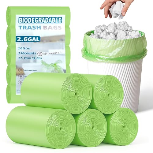 Sacs Poubelle Compostables 10L 150 Sacs, Solides, Etanches, Anti-Fuite-5 Rouleaux