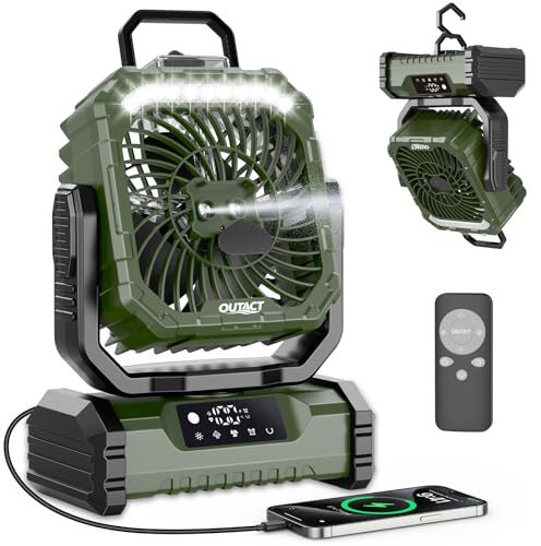 Deepoter Ventilator Camping mit Sprühnebel, Akku Ventilator 20000mAh mit LED Licht, Haken, 270° Drehung, Tragbarer V-entilator für Outdoor-Enthusiasten beim Camping und Grillen - Grün