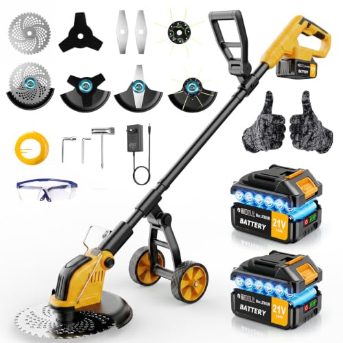 4 in 1 Decespugliatore a Batteria,30CM Tagliaerba a Batteria con 2 Batterie da 3.0AH,Tagliaerba Elettrico con Ruota,800W Motore Senza Spazzole,4 Tipi di Lamelle per Taglio Di Giardini, Prati,Arbusti