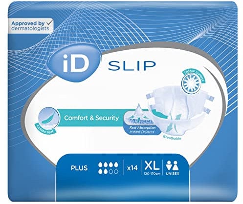 iD Expert Slip Incontinence Pads, Fast Absorbing Disposable Incontinence Briefs, Anti-Leak Protection with Wetness Indicator, Comfortable Cotton-Feel, Odour Control, XL, Plus, 120-170 cm