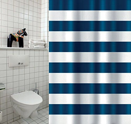 Cotexsa by MSV 142108 Premium Anti-Schimmel Textil Duschvorhang - Anti-Bakteriell mit 12 Duschvorhangringen - Polyester, „Marinera“ Blau, Weiß 180x200cm – Made in Spain