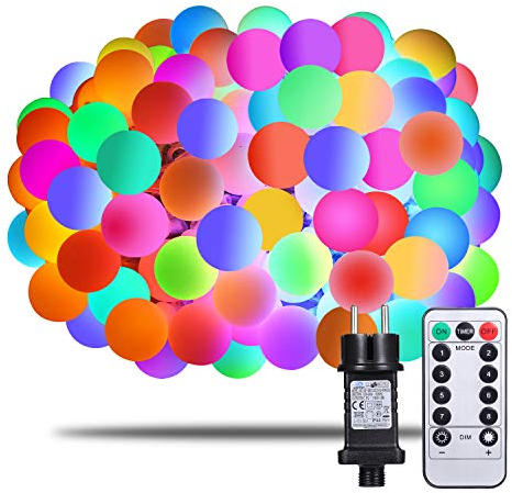 Afufu Lichterkette Bunt, 100er LED Kugel Lichterkette 13m Innen/Außen mit Fernbedienung, RGB, erweiterbar, Memory-Funktion 8 Modi Deko Glühbirne, Party, Garten, Hochzeit, Weihnachtsdeko
