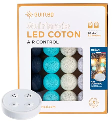 GuirLED - LED Baumwollkugeln Lichterkette USB - Drahtlose Fernbedienung - Baby Nachtlicht 2h - Dual USB 2A Netzteil enthalten - 4 Intensitäten – 32 Kugeln 3.2m - Ozean