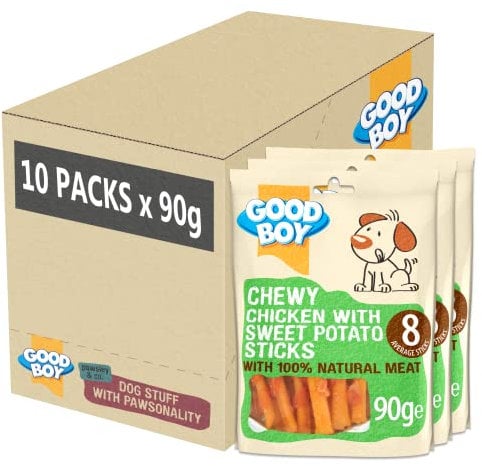 Good Boy - Kauhuhn mit Süßkartoffel-Sticks – Hundeleckerlis – Hergestellt aus 100% natürlichem Hühnerbrustfleisch – 90 g – Rohleder-freie Hundeleckerli – 10 Stück