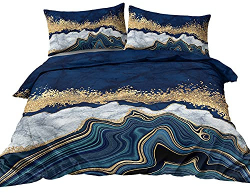 BlessLiving Marble Bedding Grey Navy Blue & Gold Marble Duvet Cover Set Modern Printed Design Bed Set King 1 Duvet Cover 2 Pillowcases