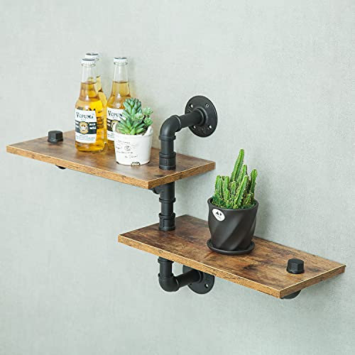 MAIKAILUN 2 Etagen Industrie Regale, Industrie Rohrregal, Rohr Eckregale mit Holzdielen Schweberegale Wandmontage, Retro Rustikal Industrial Regal für Bar Küche Wohnzimmer