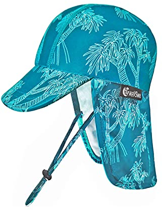 weVSwe Baby Sonnenhut mit Kinnriemen UV-Schutz UPF 50+ Mädchen Jungen Breite Krempe Flap Cap Beach Vacation Blaue Palme 12-24 Monate