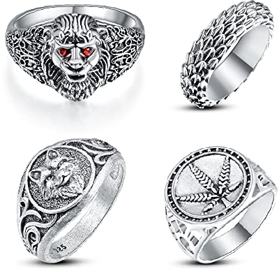 Cloyo 4 Stücke Ringe Männer Edelstahl Wolf Ring Löwen Biker Ringe Vintage Siegelring Gothic Ringe mit Dragon Scale und Ahornblatt Größe 62